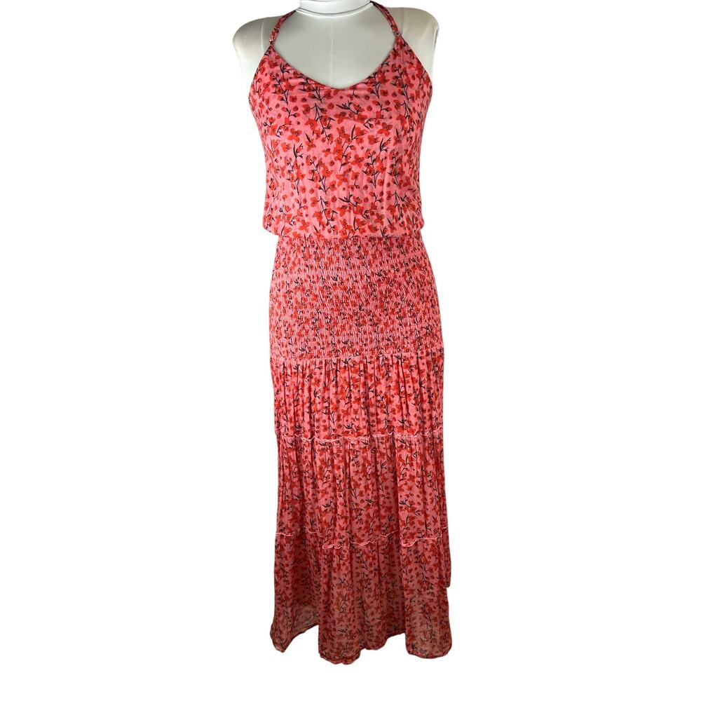 Karina Grimaldi Floral Smocked Tiered Maxi Dress Size L Pink Red Boho